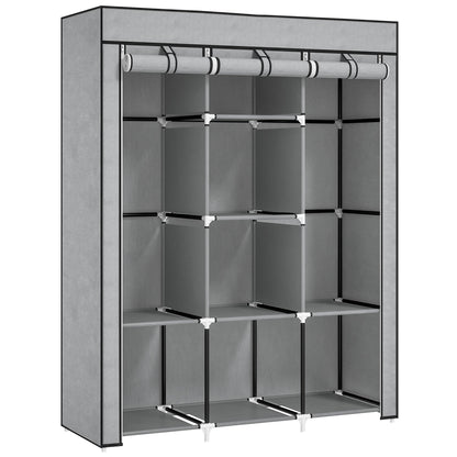 HOMCOM Fabric Wardrobe, Portable Wardrobe, Clothes Storage Unit with 8 Shelves, 2 Hanging Rods, 125 x 43 x 162.5 cm, Light Grey 