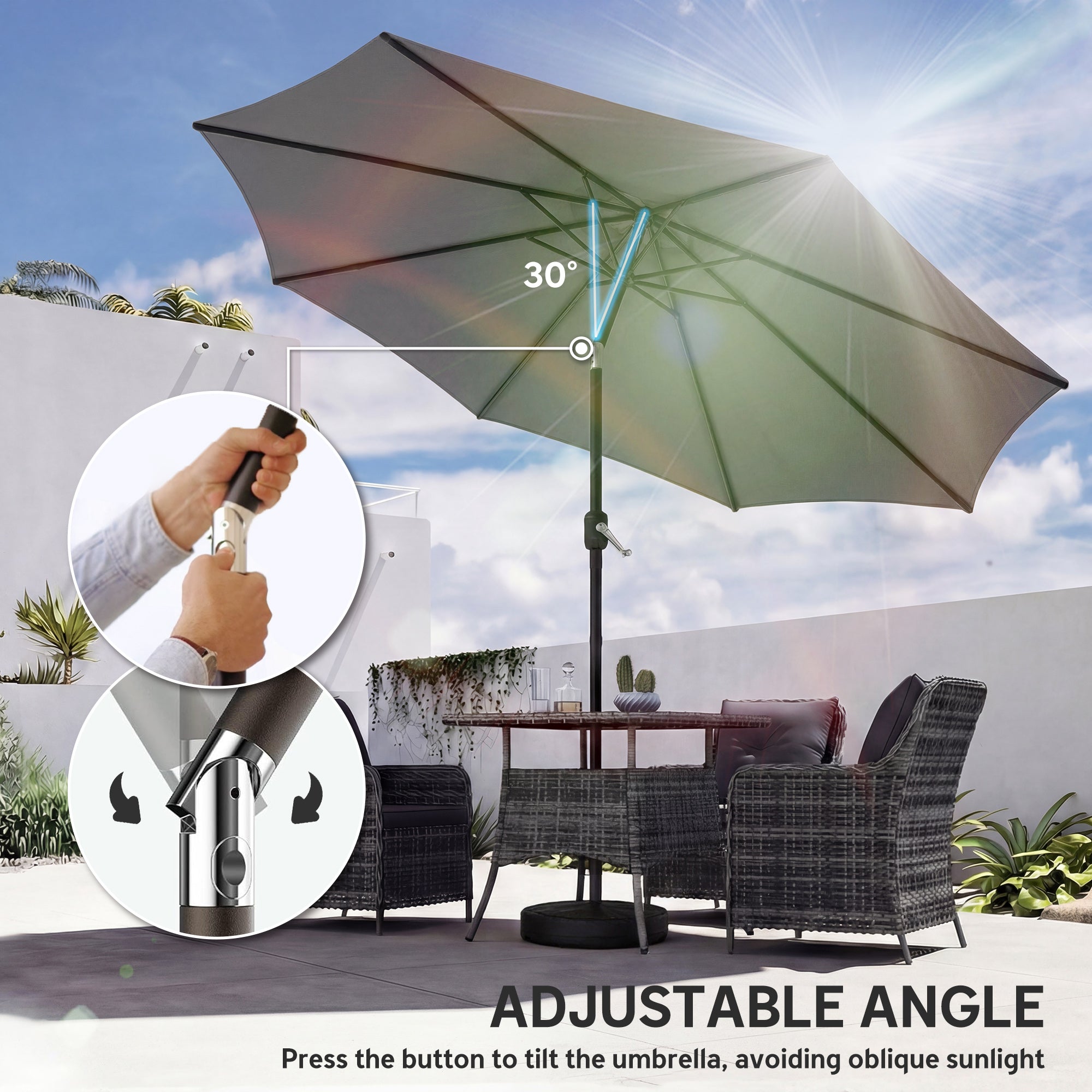 Outsunny 2.7 m Garden Parasol Umbrella with Cross Base and Sandbag, Retractable Ribs, Outdoor Table Market Umbrella, Light Grey 