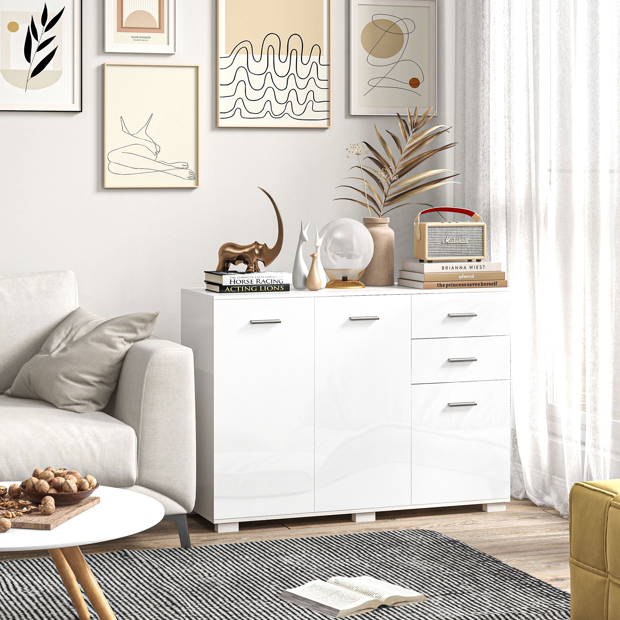 HOMCOM Sideboard, Modern Storage Cabinet with 2 Drawers, 3 Doors and Adjustable Shelves, Kitchen Cabinet for Living Room, Dining Room, High Gloss White 