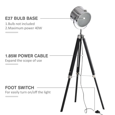 HOMCOM Industrial Style Adjustable Tripod Floor Lamp, Searchlight Lamp with Wooden Legs and Steel Lampshade, 110-155cm, Black 