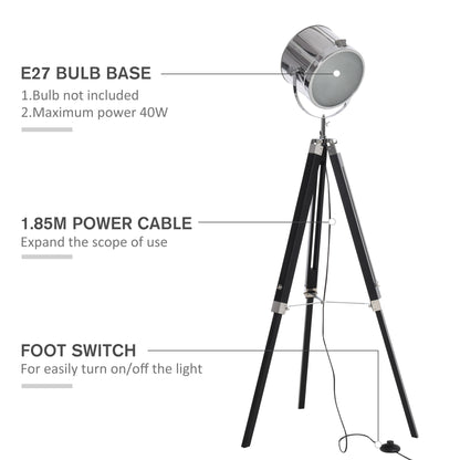 HOMCOM Industrial Style Adjustable Tripod Floor Lamp, Searchlight Lamp with Wooden Legs and Steel Lampshade, 110-155cm, Black 