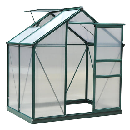 Outsunny 6 x 4ft Polycarbonate Greenhouse, Large Walk-In Green House with Slide Door and Window, Garden Plants Grow House with Aluminium Frame and Foundation, Dark Green 