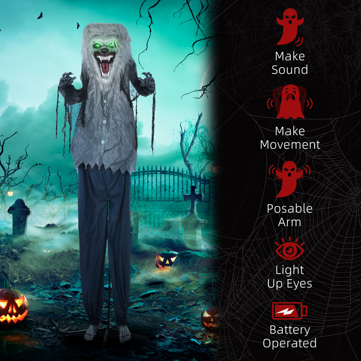 HOMCOM 6'8" Skeleton Werewolf Halloween Animatronic, with Glowing Eyes 