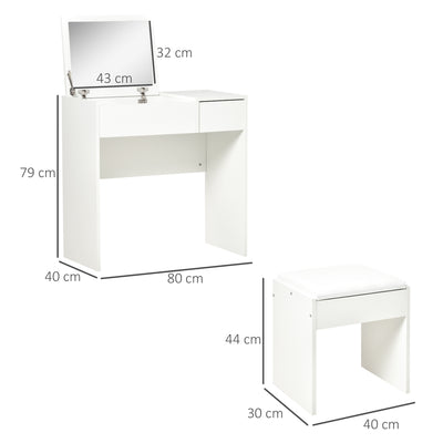 HOMCOM Makeup Desk with Drawer, Vanity Table Set with Flip-up Mirror and Cushioned Stool, White 
