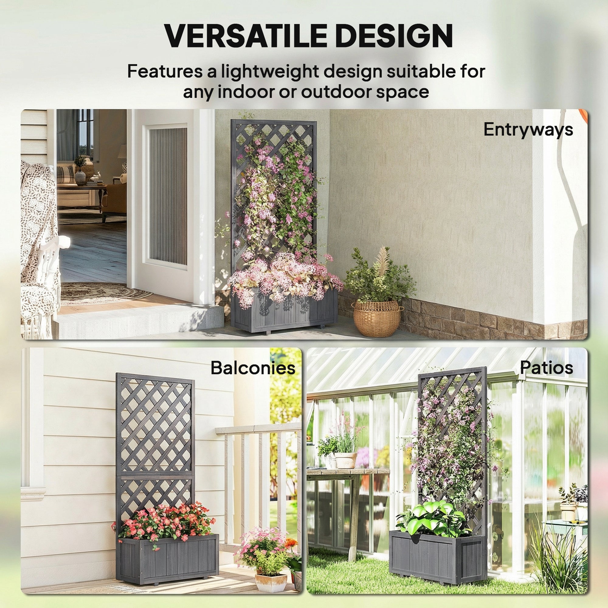 Outsunny Wood Planter with Trellis for Climbing Plants, Raised Bed, Planter Box with Drainage Holes to Grow Herbs Flowers, Grey 