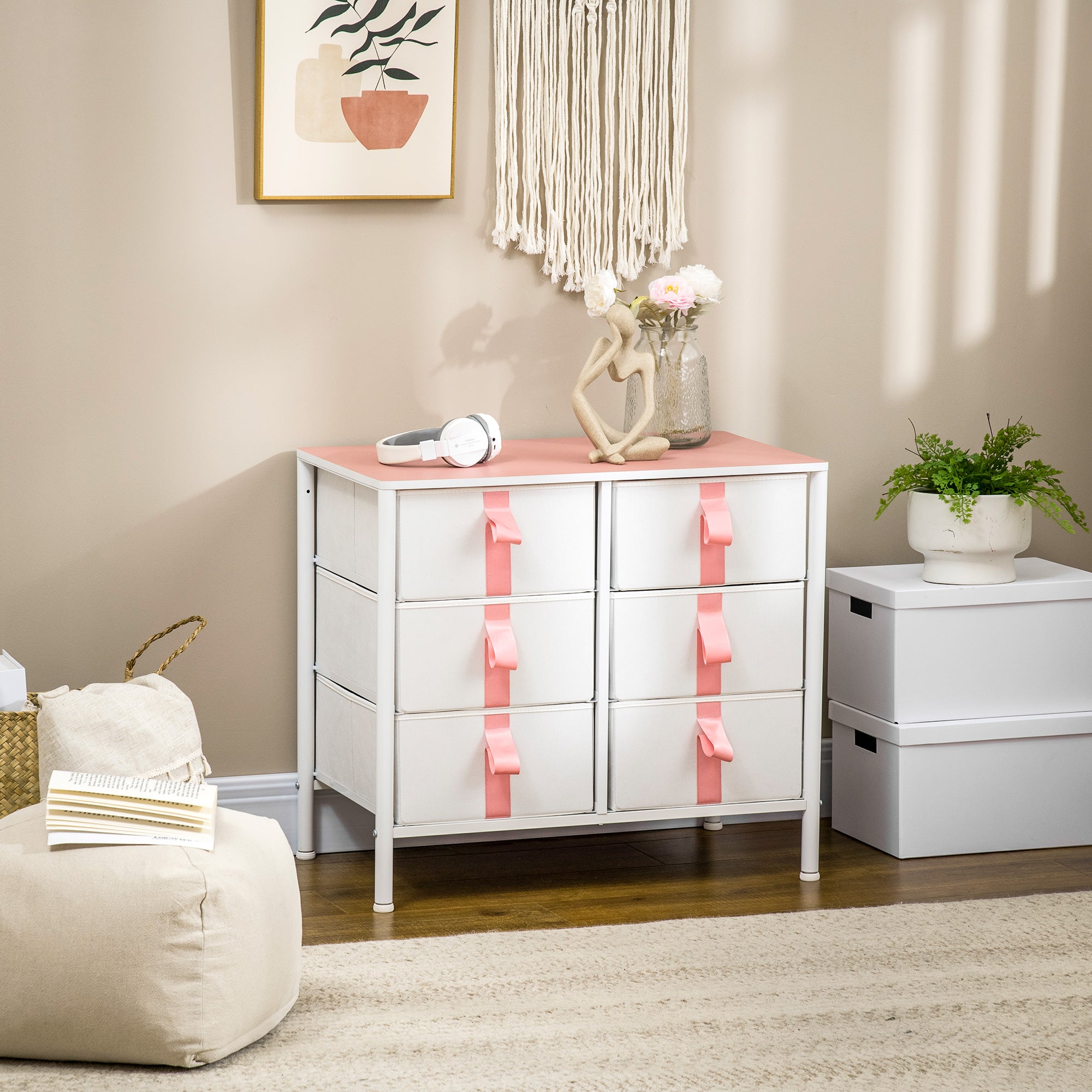 HOMCOM Chest of Drawers, Cloth Organizer Unit with 6 Fabric Drawers, Metal Frame and Wooden Top, Storage Cabinet for Kids Room, Living Room, Closet, Hallway, Pink 