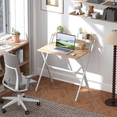 HOMCOM 81.5 cm Folding Computer Desk with Monitor Shelf - Natural Wood Finish 
