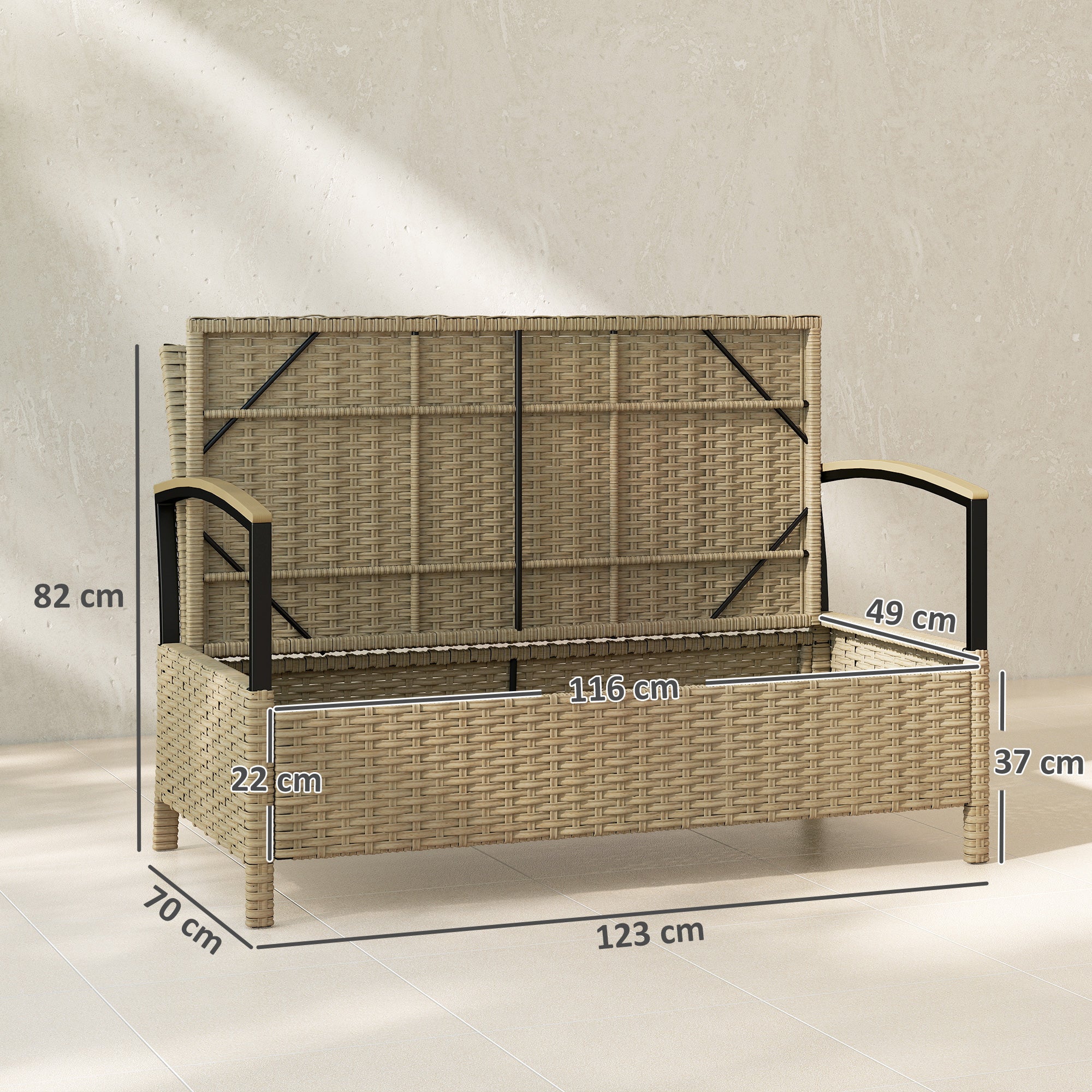 Outsunny 125L Garden Storage Bench, 2 Seater PE Rattan Outdoor Bench Storage Box with Padded Cushion, Khaki 
