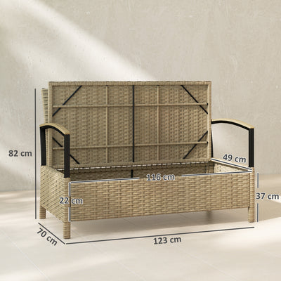 Outsunny 125L Garden Storage Bench, 2 Seater PE Rattan Outdoor Bench Storage Box with Padded Cushion, Khaki 
