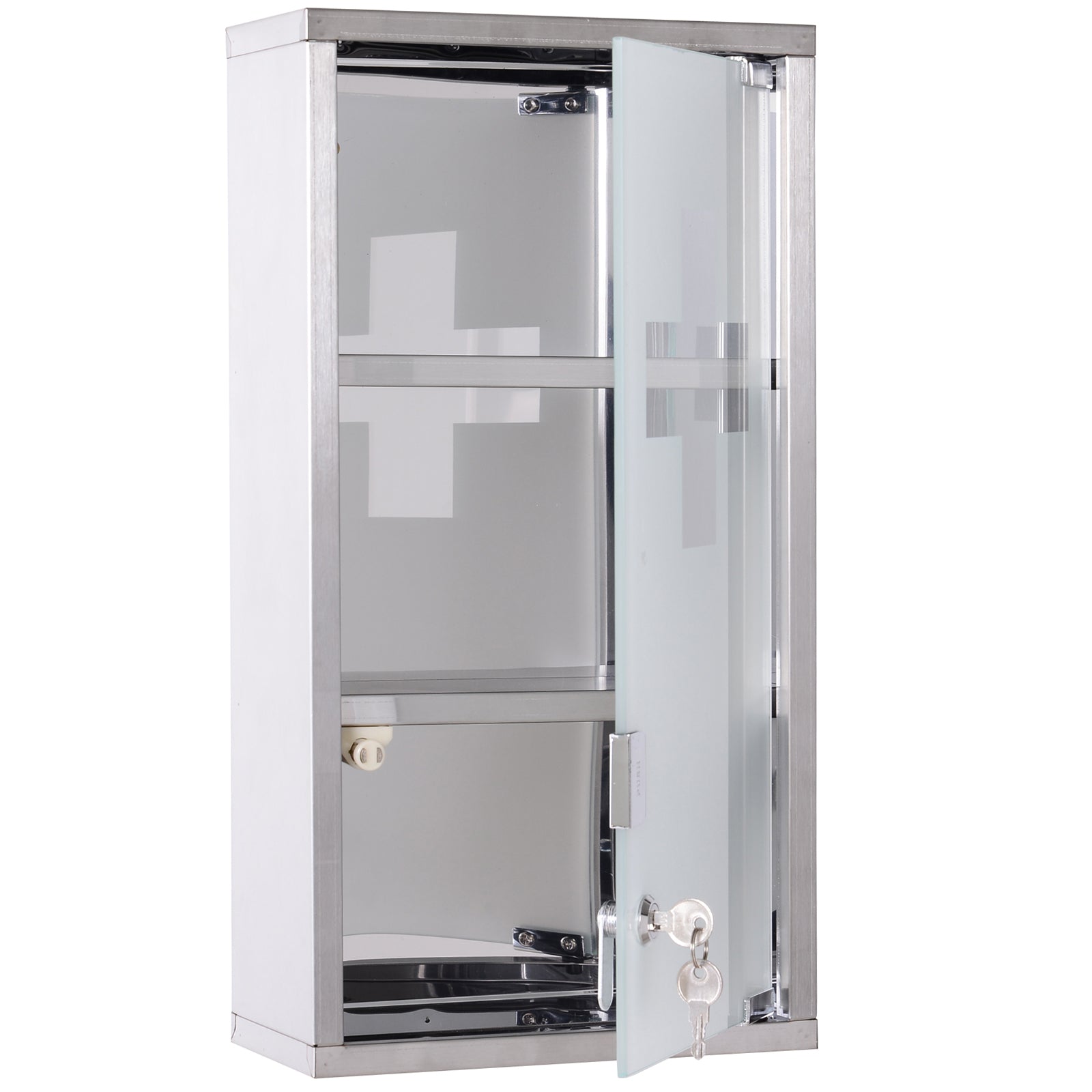 HOMCOM Stainless Steel wall mounted Medicine Cabinet with 2 Shelves + Security Glass Door Lockable 48 cm(H) 
