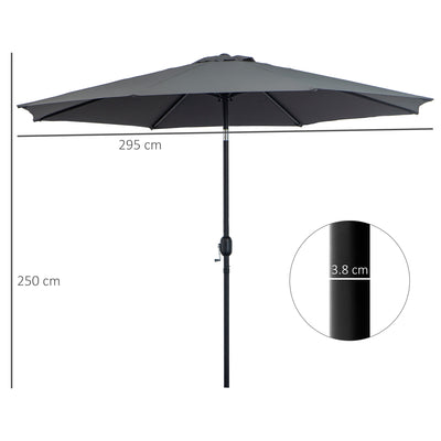 Outsunny 3(m) Tilting Parasol Garden Umbrellas, Outdoor Sun Shade with 8 Ribs, Tilt and Crank Handle for Balcony, Bench, Garden, Dark Grey 