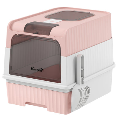 PawHut Enclosed Cat Litter Box with Lid, Pull-Out Drawer Tray, Scoop, 4 Deodorisation Bags, Front Entry & Top Exit, Pink