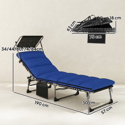 Outsunny Folding Sun Lounger with Canopy, Reclining Sunbed with Cushion, Side Pocket, Carrying Handle, Dark Blue 
