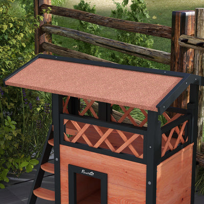PawHut Cat House Outdoor w/ Balcony Stairs Roof, 77 x 50 x 73 cm, Brown 