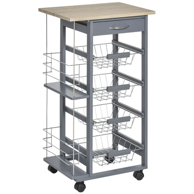 HOMCOM Rolling Kitchen Cart, Utility Storage Cart with 4 Basket Drawers & Side Racks, Wheels for Dining Room, Grey 