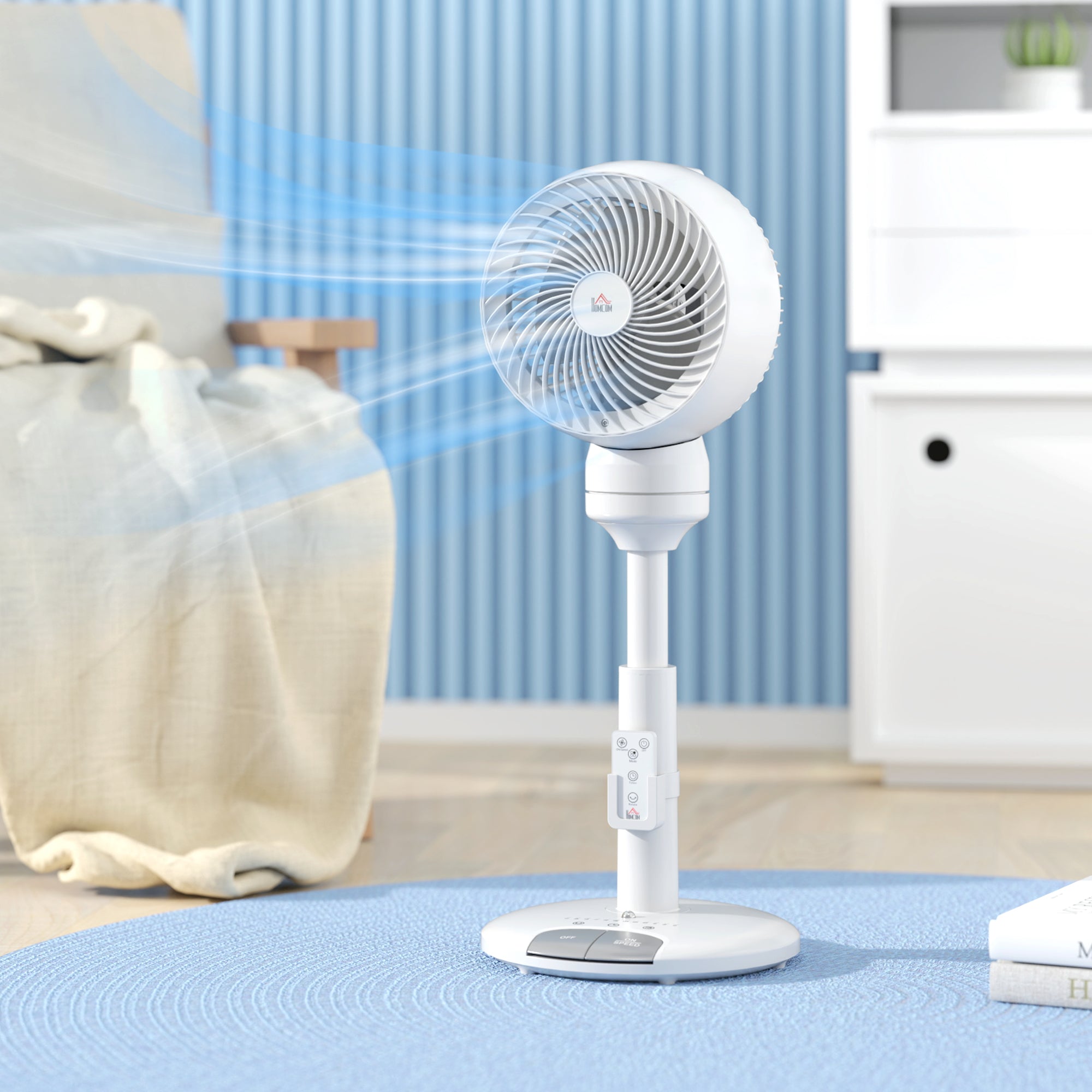 HOMCOM 9'' Air Circulator Fan 3 Speed 3 Mode, 70\'c2\'b0 Oscillation 90\'c2\'b0 Vertical Tilt, Height Adjustable, Remote Controller, for Living Room, Bedroom, Office, White