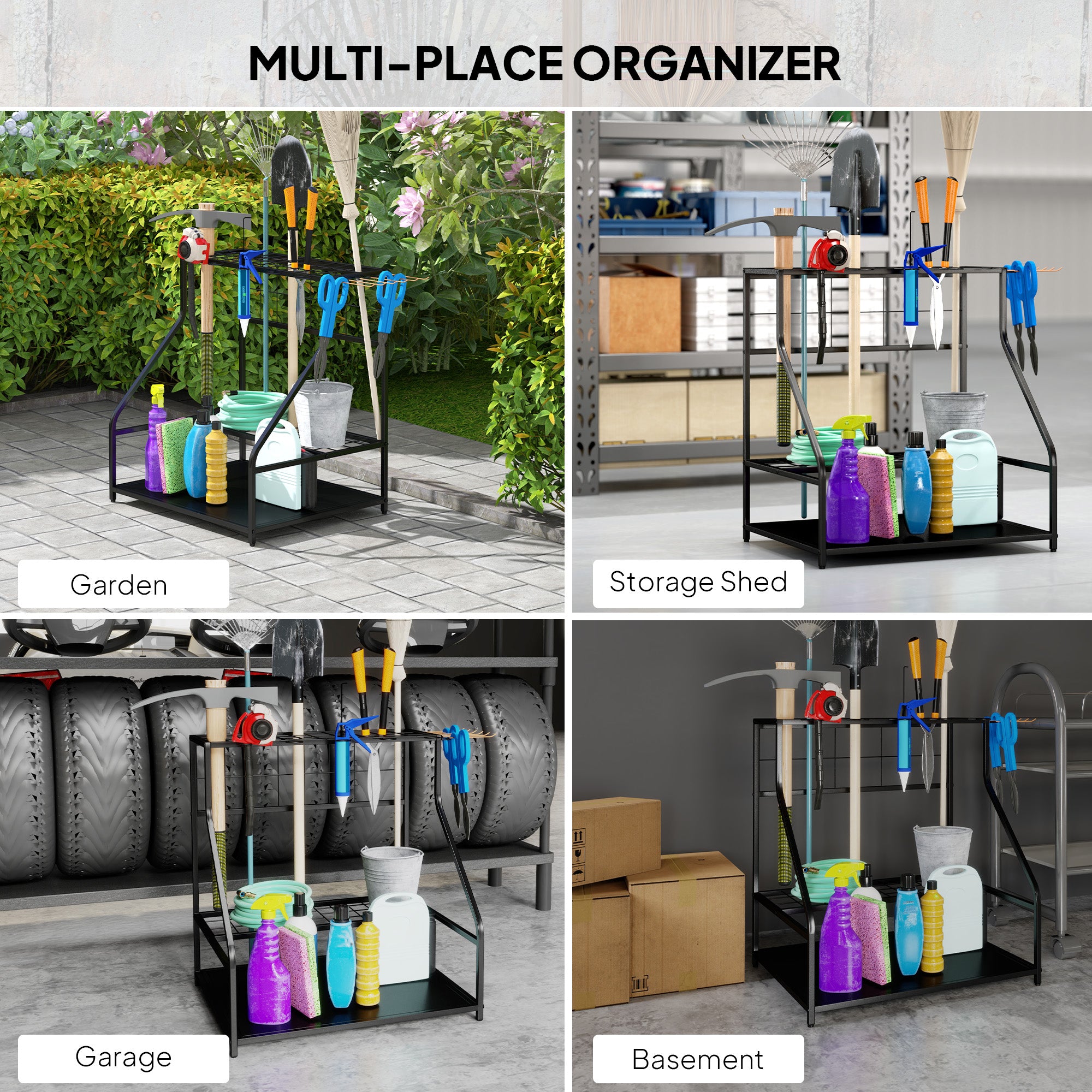 Outsunny Garden Tool Storage Rack, 3-Tier Garden Tool Rack with 11 Hooks for Long-Handled, Broom, Shovel, Rake, Holds 20 Tools