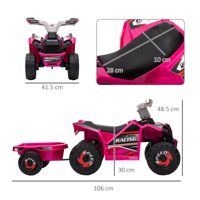 HOMCOM 6V Quad Bike with Back Trailer, Wear-Resistant Wheels, for Ages 18-36 Months, Pink 