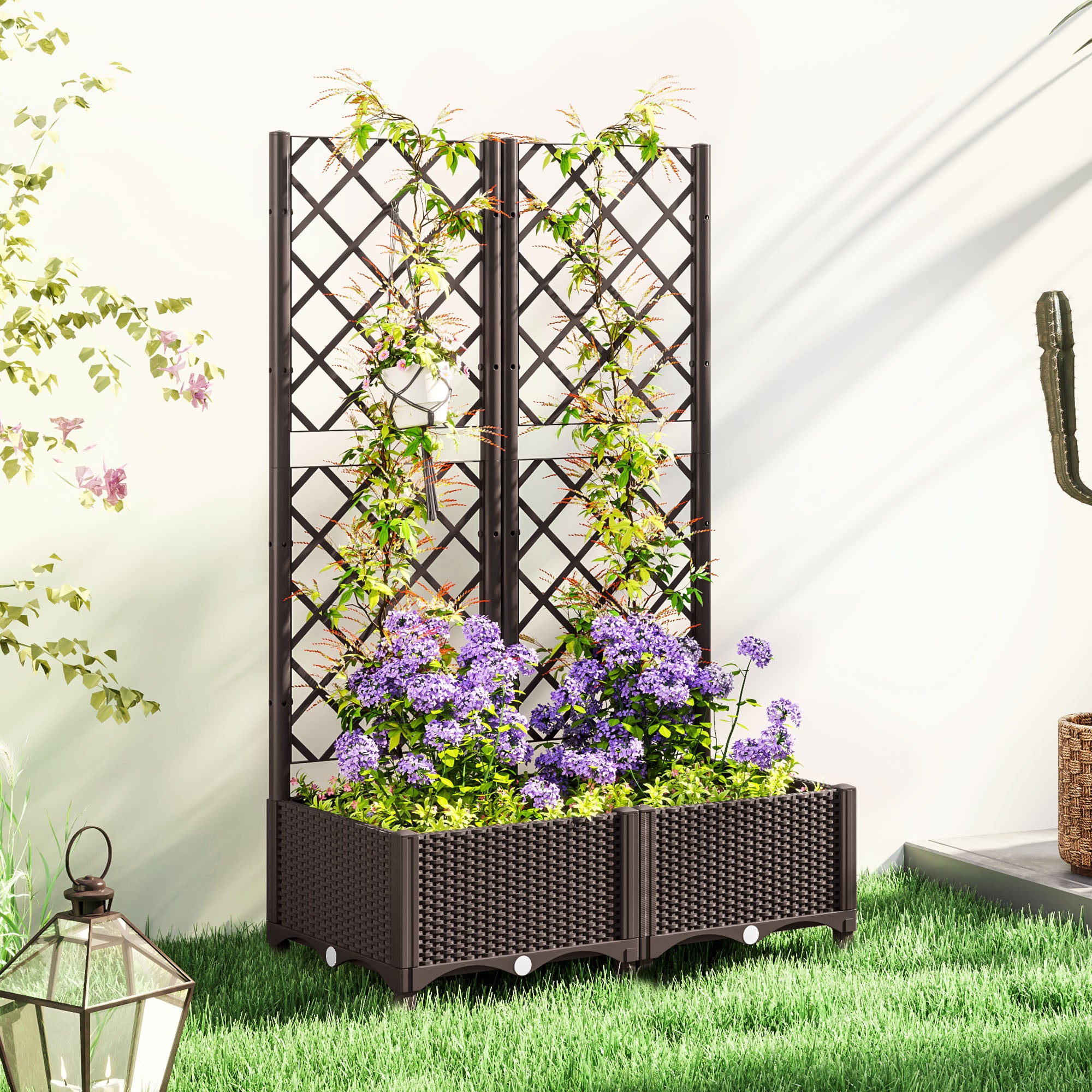 Outsunny Raised Garden Bed with Trellis, Plastic Planter Box with Drainage Holes and Drain Plugs for Climbing Plants, Vegetables, Flowers, Brown