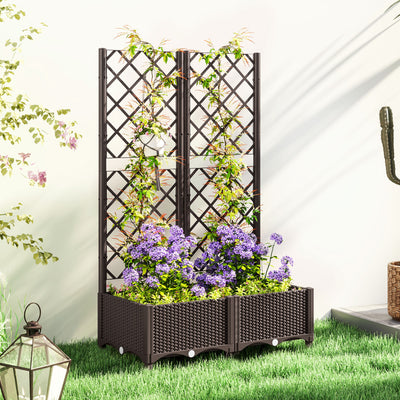 Outsunny Raised Garden Bed with Trellis, Plastic Planter Box with Drainage Holes and Drain Plugs for Climbing Plants, Vegetables, Flowers, Brown 