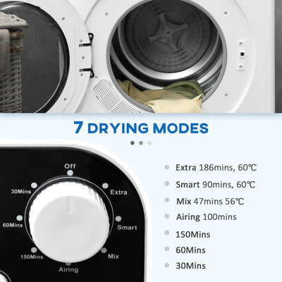 HOMCOM 6kg Vented Tumble Dryer, Freestanding, Wall Mounted, Stackable, Portable Dryer with 7 Programmers, White 