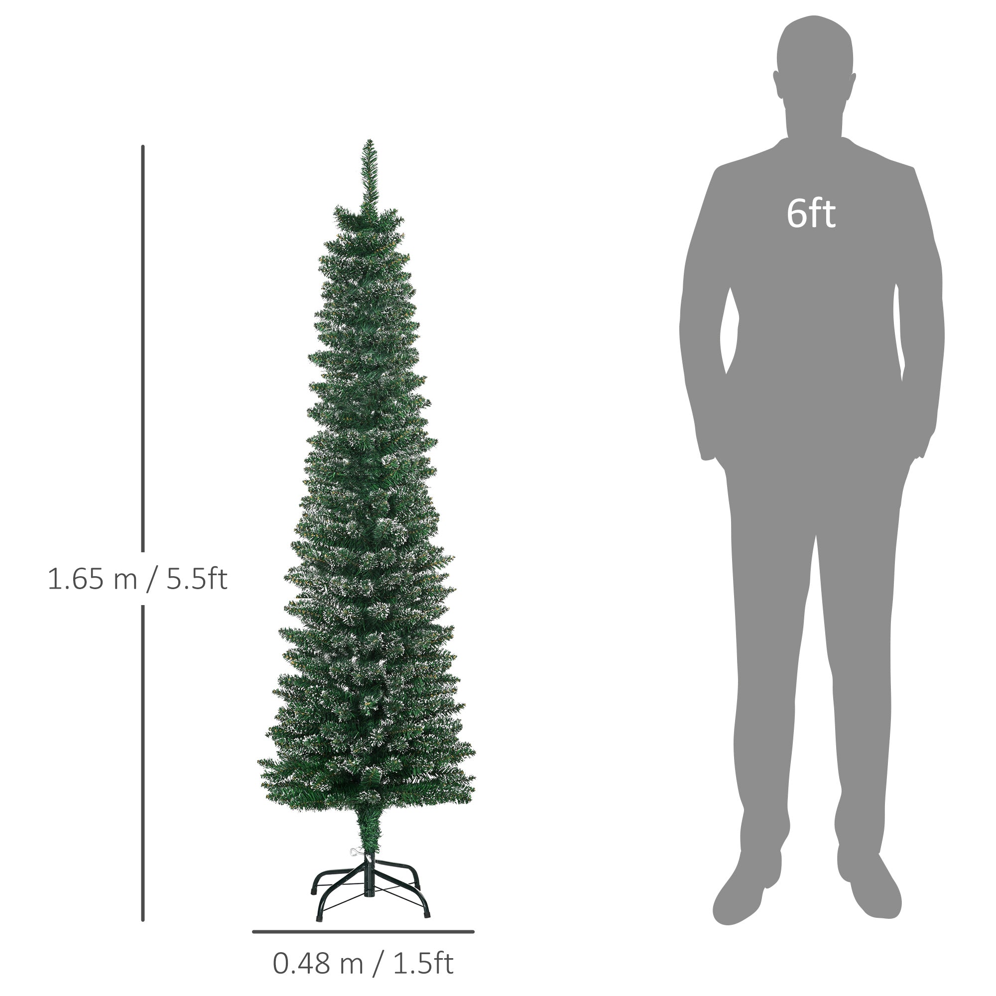 HOMCOM 5.5FT Artificial Snow Dipped Christmas Tree Xmas Pencil Tree Holiday Home Indoor Decoration with Foldable Black Stand, Green