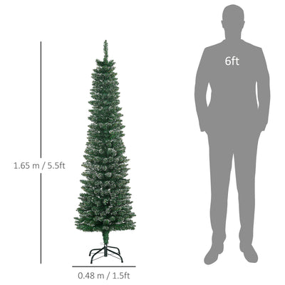 HOMCOM 5.5FT Artificial Snow Dipped Christmas Tree Xmas Pencil Tree Holiday Home Indoor Decoration with Foldable Black Stand, Green 
