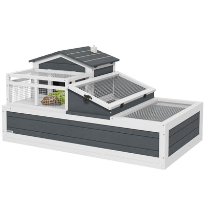 PawHut Tortoise House 3-Room with 2 Stories, Ladder, Balcony, Tray, Openable Roof, 59H x 112L x 65Wcm, Grey 