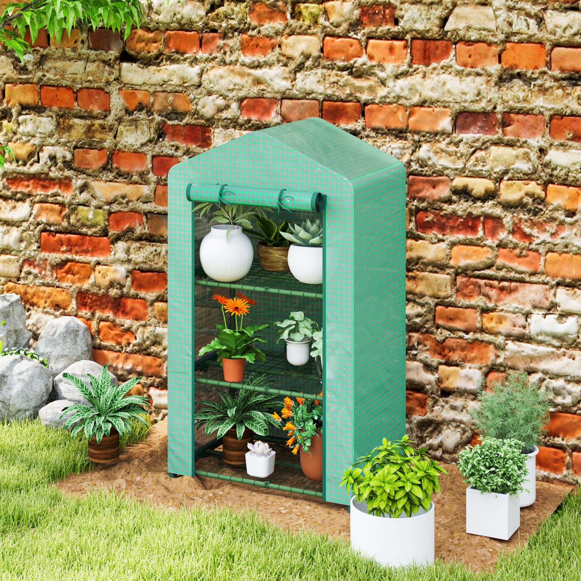 Outsunny 3 Tier Mini Greenhouse Portable Garden Grow House with Roll Up Door and Wire Shelves, 69 x 49 x 125 cm, Green 