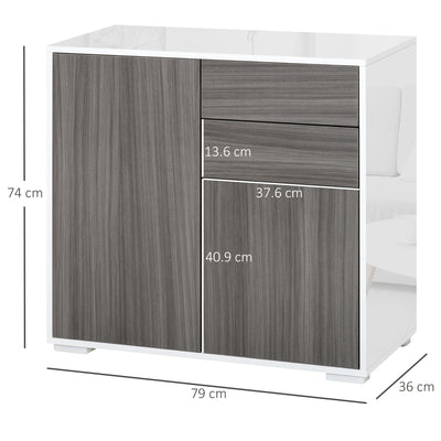 HOMCOM High Gloss Frame Sideboard, Side Cabinet, Push-Open Design with 2 Drawer for Living Room, Bedroom, Grey 