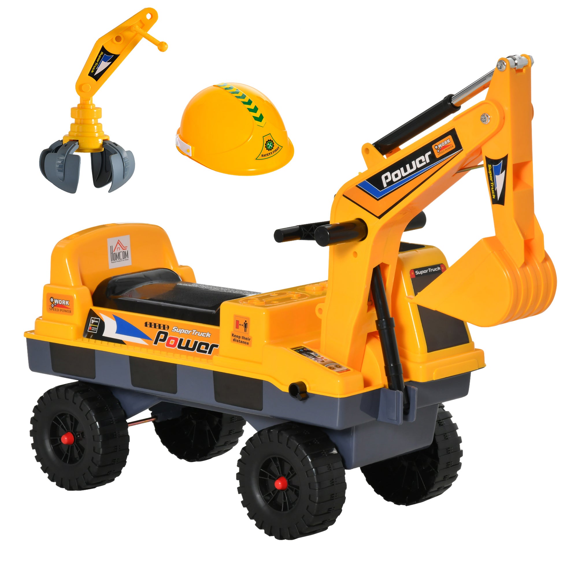 HOMCOM 2 in 1 Ride on Excavator Digger No Power Detachable Digging Bucket and Grab Bucket Music Light for 2-3 Years Old 