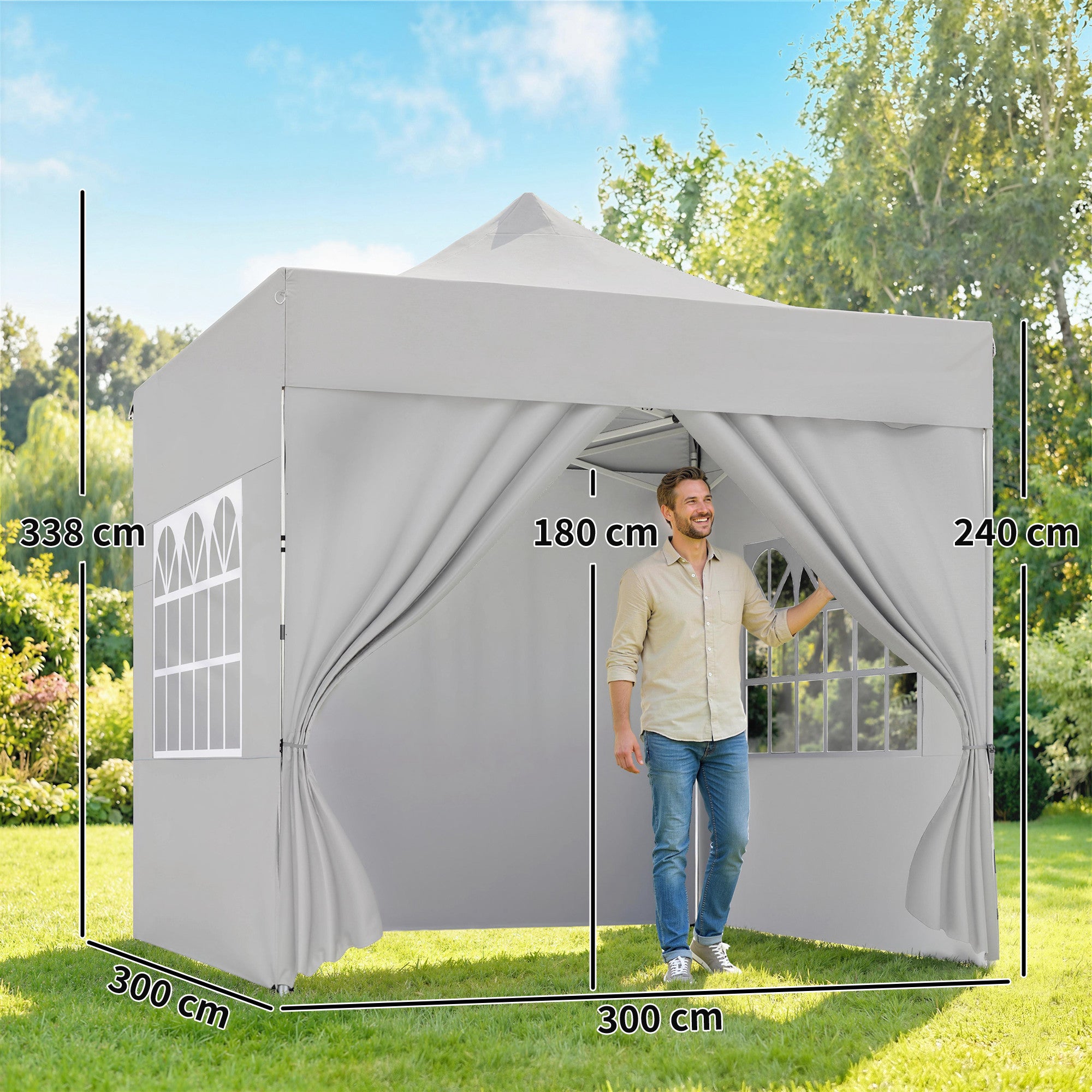 Outsunny 3 x 3 m Pop Up Gazebo with Sidewalls, UPF50+ Heavy Duty Garden Party Tent Marquee with Wheeled Carry Bag, Silver Grey 