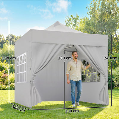 Outsunny 3 x 3 m Pop Up Gazebo with Sidewalls, UPF50+ Heavy Duty Garden Party Tent Marquee with Wheeled Carry Bag, Silver Grey 