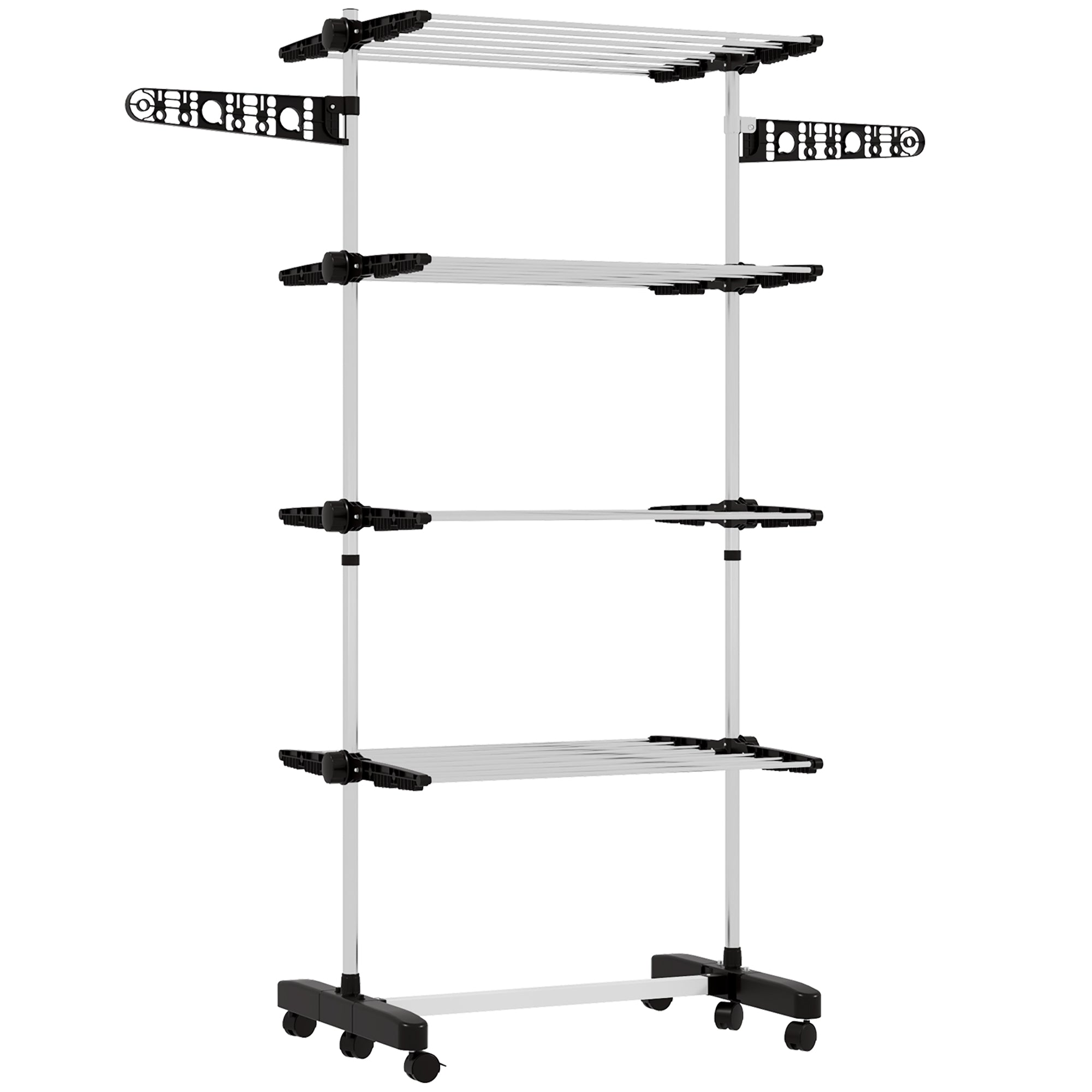 HOMCOM Four-Shelf Collapsing Clothes Horse, With Side Arms and Wheels - Black 