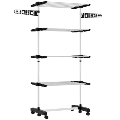HOMCOM Four-Shelf Collapsing Clothes Horse, With Side Arms and Wheels - Black 