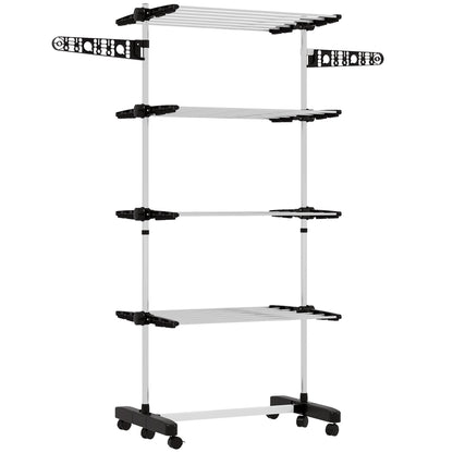 HOMCOM Four-Shelf Collapsing Clothes Horse, With Side Arms and Wheels - Black 