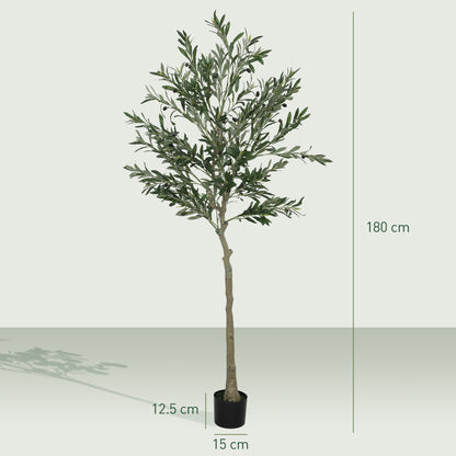 HOMCOM Set of 2 6ft/ 180cm Decorative Artificial Plant, Silk Olive Tree with 900 Leaves and 40 Olive Fruits in Pot, Fake Plant for Home, Office, Living Room, Indoor Decor