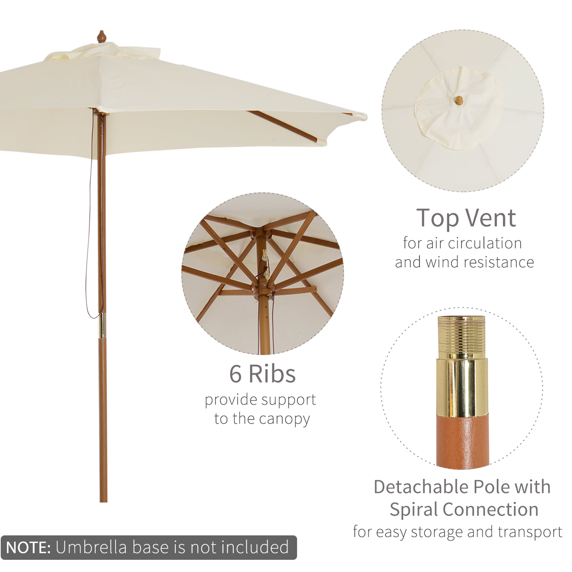 Outsunny 2.5m Wood Garden Parasol Sun Shade Patio Outdoor Wooden Umbrella Canopy Cream White