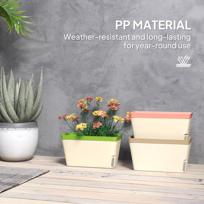 Outsunny Set of 3 Self Watering Plant Pots Outdoor, 27cm Rectangular Garden Planters with Visual Water Level Window, Plastic Flower Pots for Indoor Outdoor Garden Balcony Windowsil 