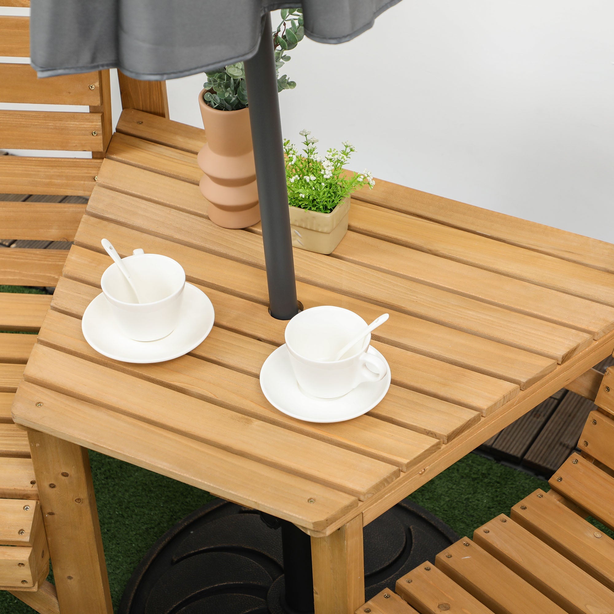 Outsunny Wooden Garden Love Seat, 2 Seater Jack & Jill Companion Seat with Coffee Table and Parasol Hole, Partner Bench, Table and Chairs Set, Outdoor Furniture for Garden, Balcony, Patio, Brown 