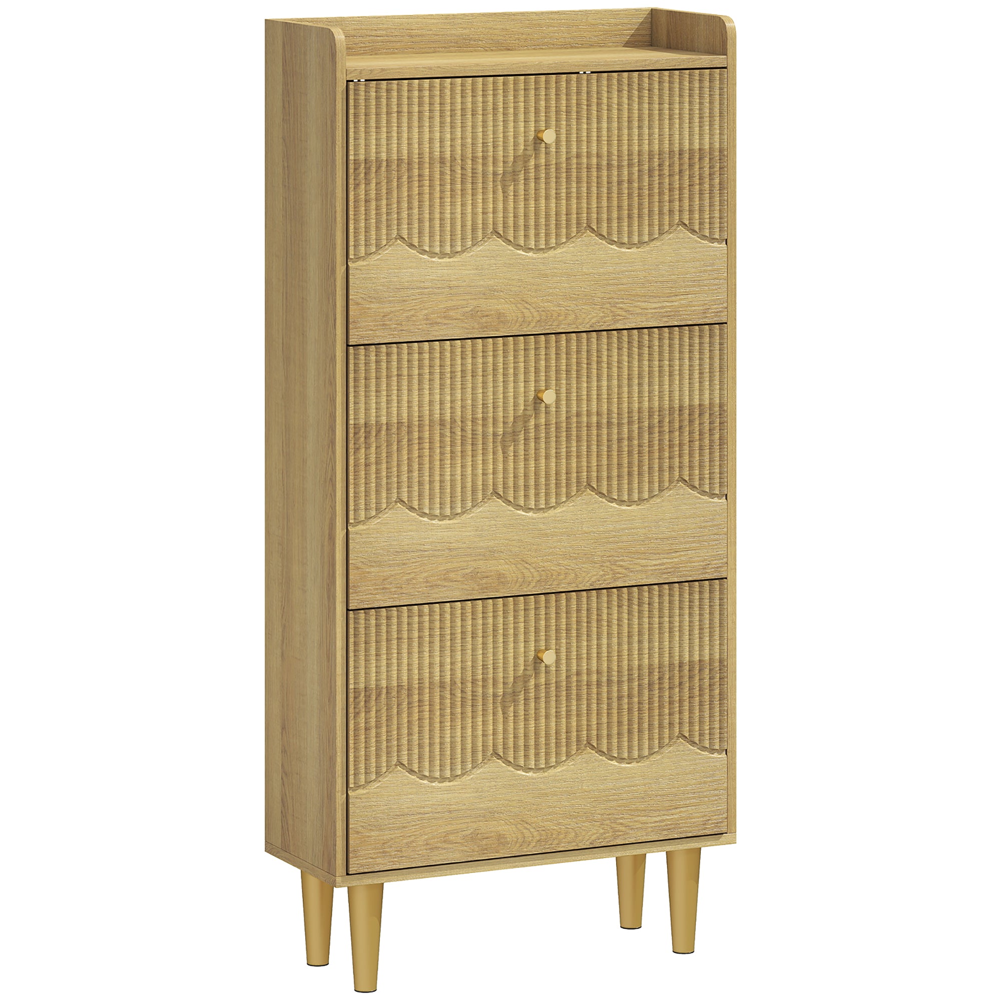 HOMCOM Narrow Shoe Cabinet, Modern Shoe Storage Cabinet with 3 Flip Drawers, Oak 