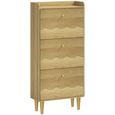 HOMCOM Narrow Shoe Cabinet, Modern Shoe Storage Cabinet with 3 Flip Drawers, Oak 