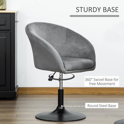 HOMCOM Dressing Table Chair, 360° Swivel Velvet-feel Upholstered Vanity Chair with Tub Seat, Back, Adjustable Height for Bedroom Makeup, Grey 