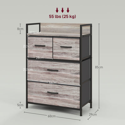 HOMCOM Rustic Chest of Four Fabric Drawers - Grey Wood Effect 