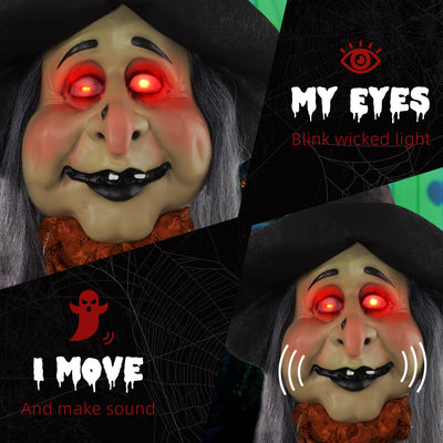 HOMCOM 183 cm Life Size Halloween Animated Standing Fat-Faced Witch with Red Light Up Eyes, Sound Activated Moving Arms & Head, Scary Witch Halloween Decorations, Battery Operated, Indoor Party Props 