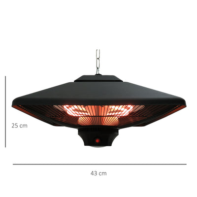 Outsunny Hanging Electric Patio Heater with 2 Power Settings, 1000/2000W Waterproof Ceiling Mounted Aluminium Halogen Infrared Outdoor Heater Warmer with LED Light and Remote Control, Black 