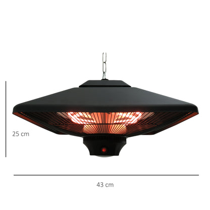 Outsunny Hanging Electric Patio Heater with 2 Power Settings, 1000/2000W Waterproof Ceiling Mounted Aluminium Halogen Infrared Outdoor Heater Warmer with LED Light and Remote Control, Black 