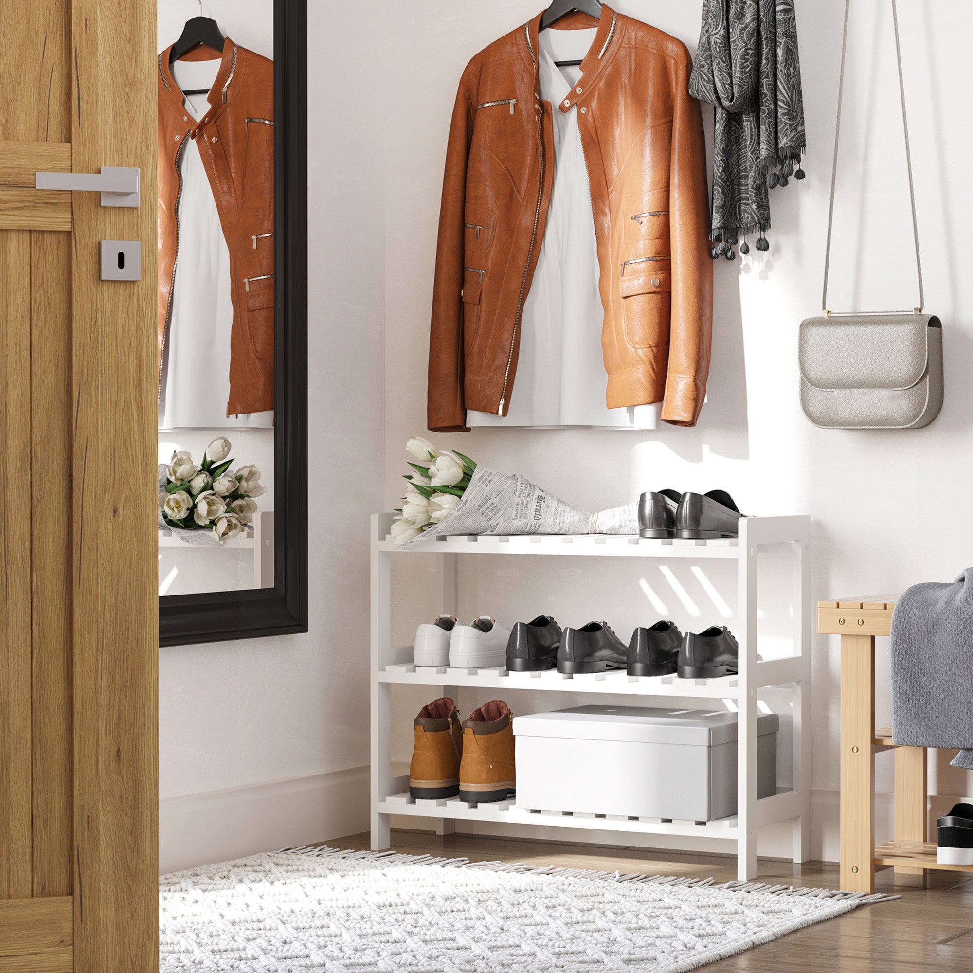 HOMCOM 3-Tier Shoe Rack Wood Frame Slatted Shelves Spacious Open Hygienic Storage Home Hallway Furniture Family Guests 70L x 26W x 57.5H cm - White 