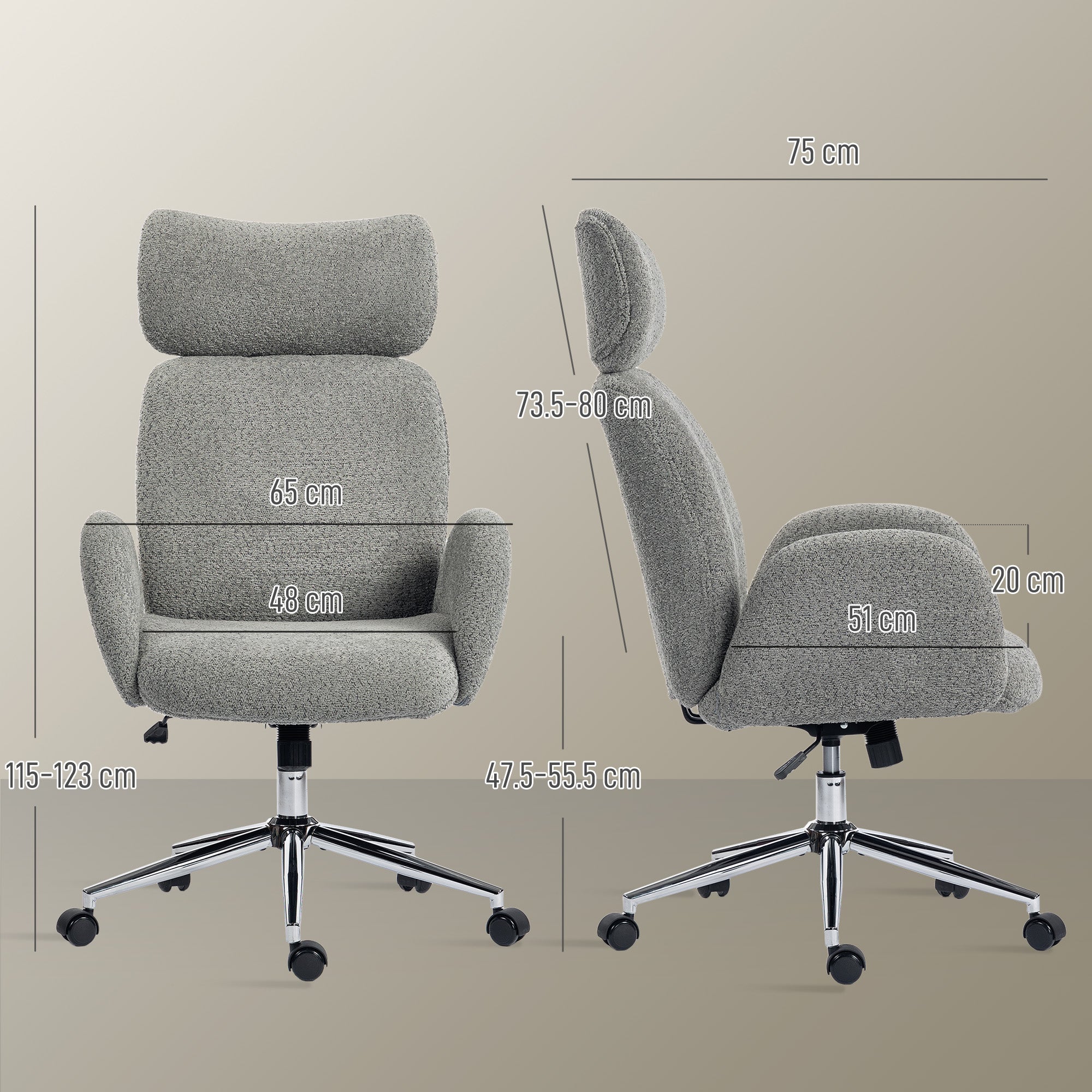 HOMCOM Office Chair with Adjustable Headrest, Spring Pack, Curved Line, Boucle Fabric - Charcoal Grey 