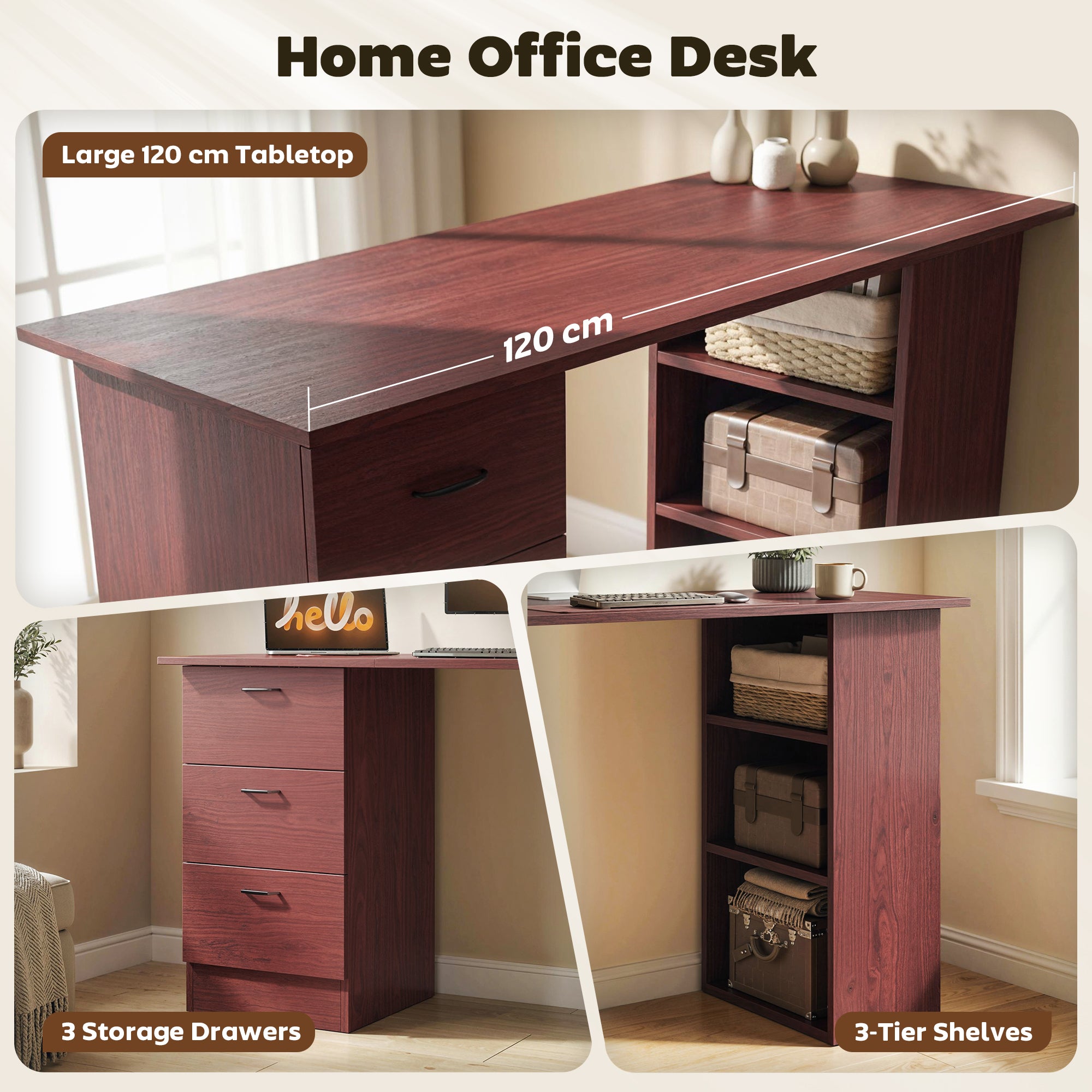 HOMCOM Computer Desk, Writing Table, PC Workstation with 3 Storage Shelves and Drawers, Handle, for Home Office, Walnut Brown 